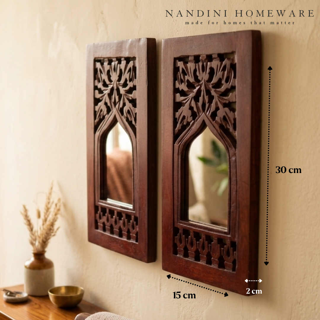 Brown MDF Wooden Floral Set of 2 Jharokha with Mirror (Brown Floral Set of 2)