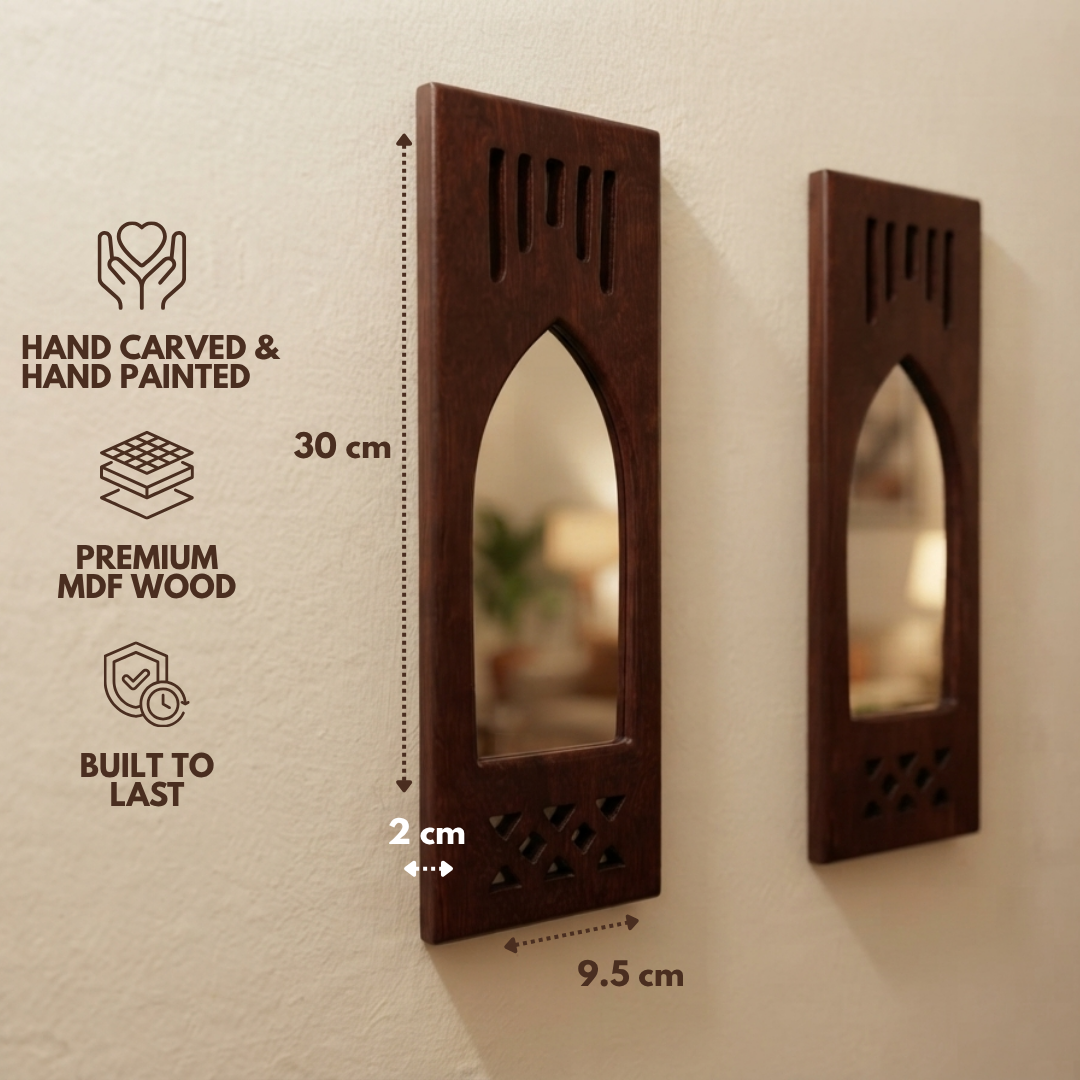 Brown MDF Wooden Jharokha with Mirror - Brown Modern Set of 2
