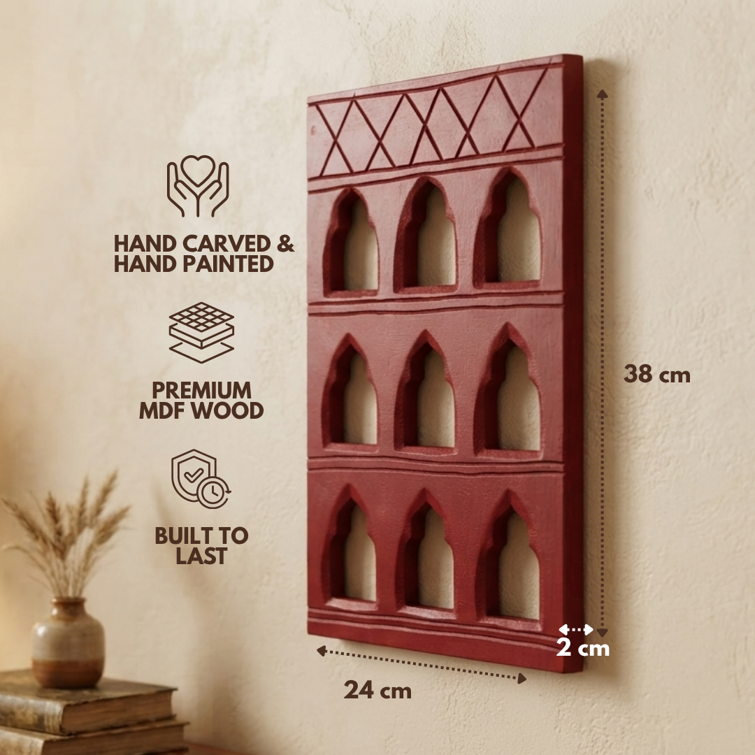 Red MDF Wooden Jharokha - Red Nine-Window