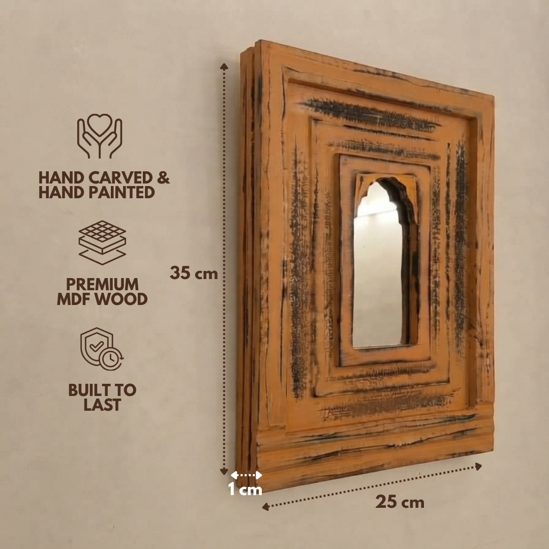 Antique Orange MDF Wooden Jharokha with Mirror - Noor Dwaar