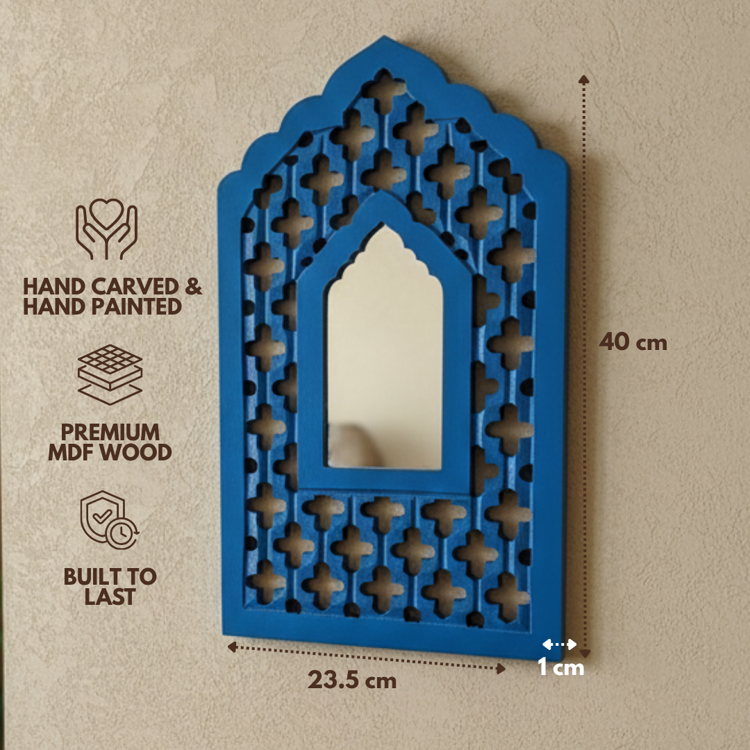 Blue MDF Wooden Jharokha with Mirror - Blue Mughal