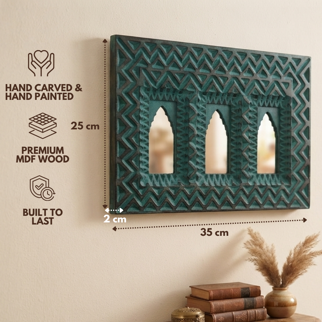 Green MDF Wooden Jharokha with Mirror - Green Zeenat Mirror