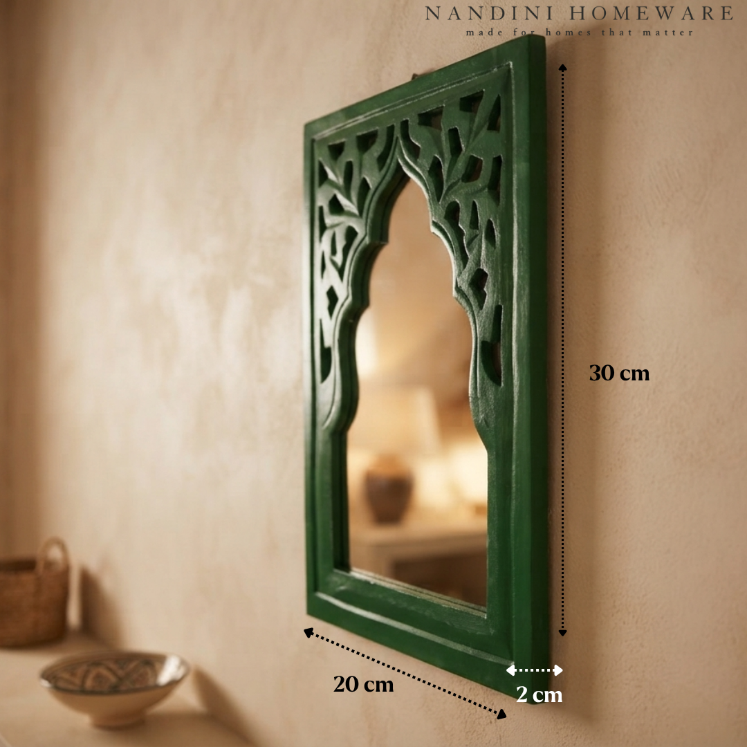 Green MDF Wooden Jharokha with Mirror - Green Rajasthani