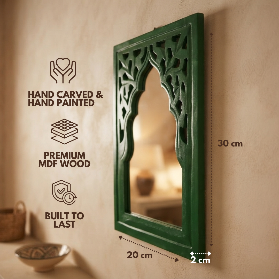 Green MDF Wooden Jharokha with Mirror - Green Rajasthani