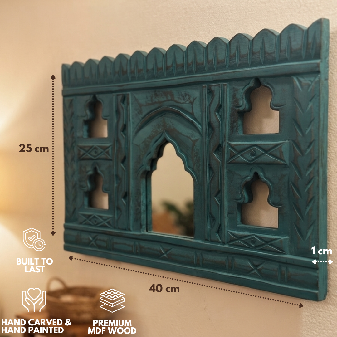 Teal MDF Wooden Jharokha with Mirror - Teal Mahal Mirror