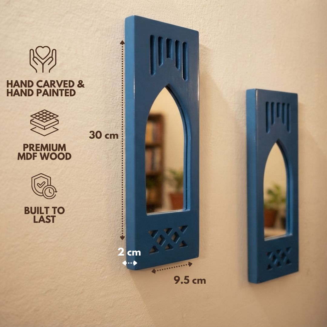 Blue MDF Wooden Jharokha with Mirror - Blue Modern Set of 2