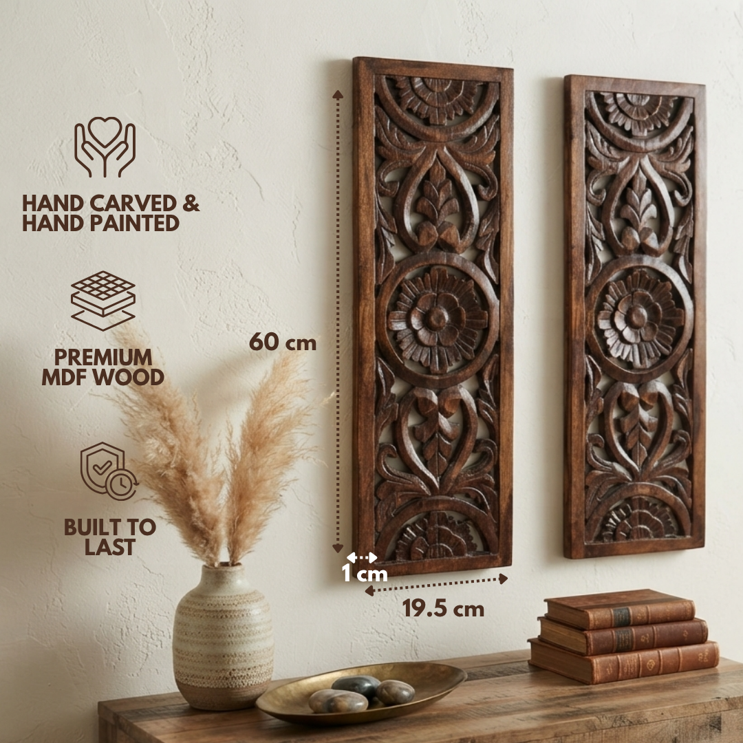 Brown MDF Wooden Jharokha - Brown Bloom Panel (Set of 2)
