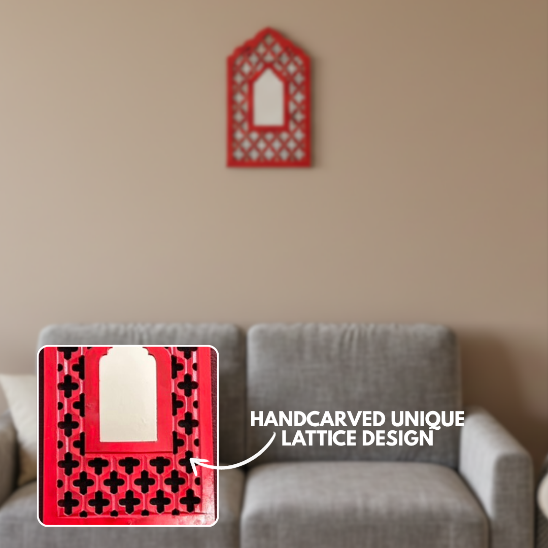 Red MDF Wooden Jharokha with Mirror - Red Mughal