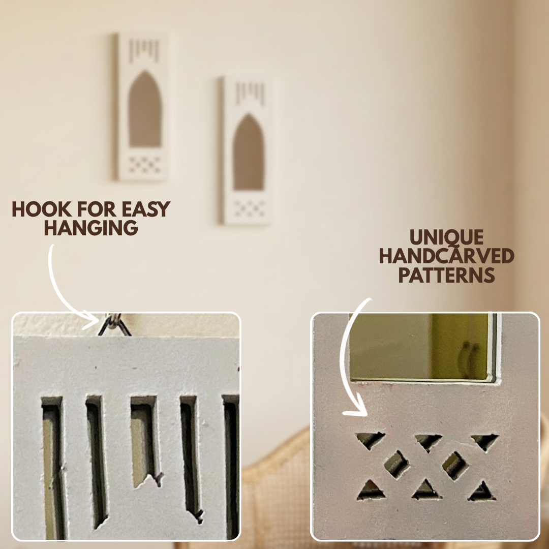 White MDF Wooden Jharokha with Mirror - White Modern Set of 2
