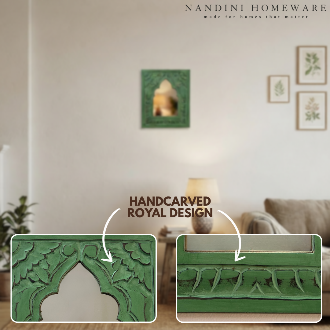 Green MDF Wooden Jharokha with Mirror - Shahi Mirror