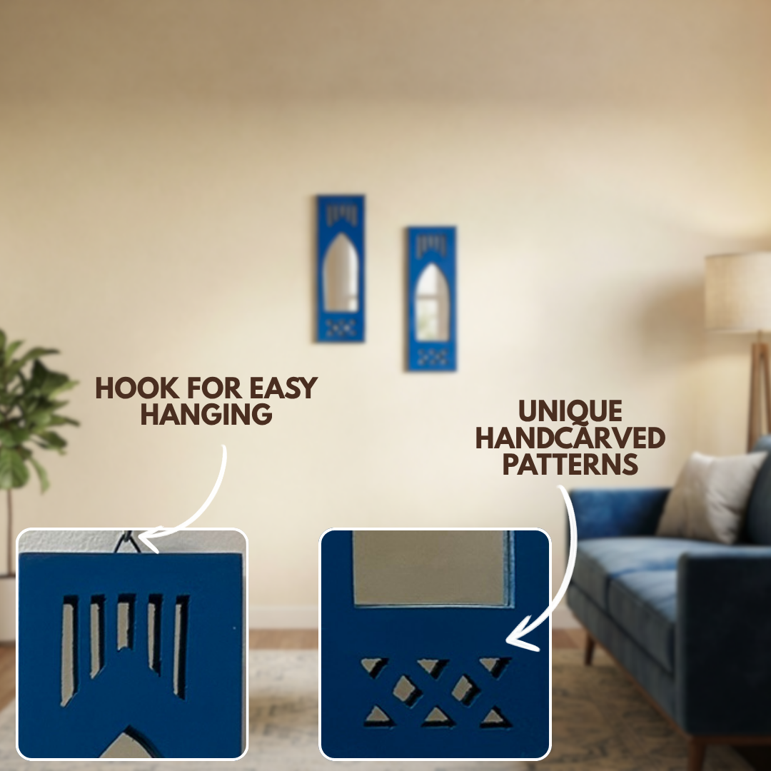 Blue MDF Wooden Jharokha with Mirror - Blue Modern Set of 2
