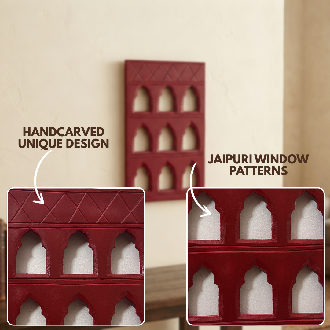 Red MDF Wooden Jharokha - Red Nine-Window