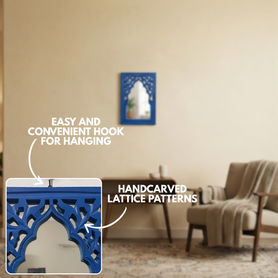 Blue MDF Wooden Jharokha with Mirror - Blue Rajasthani