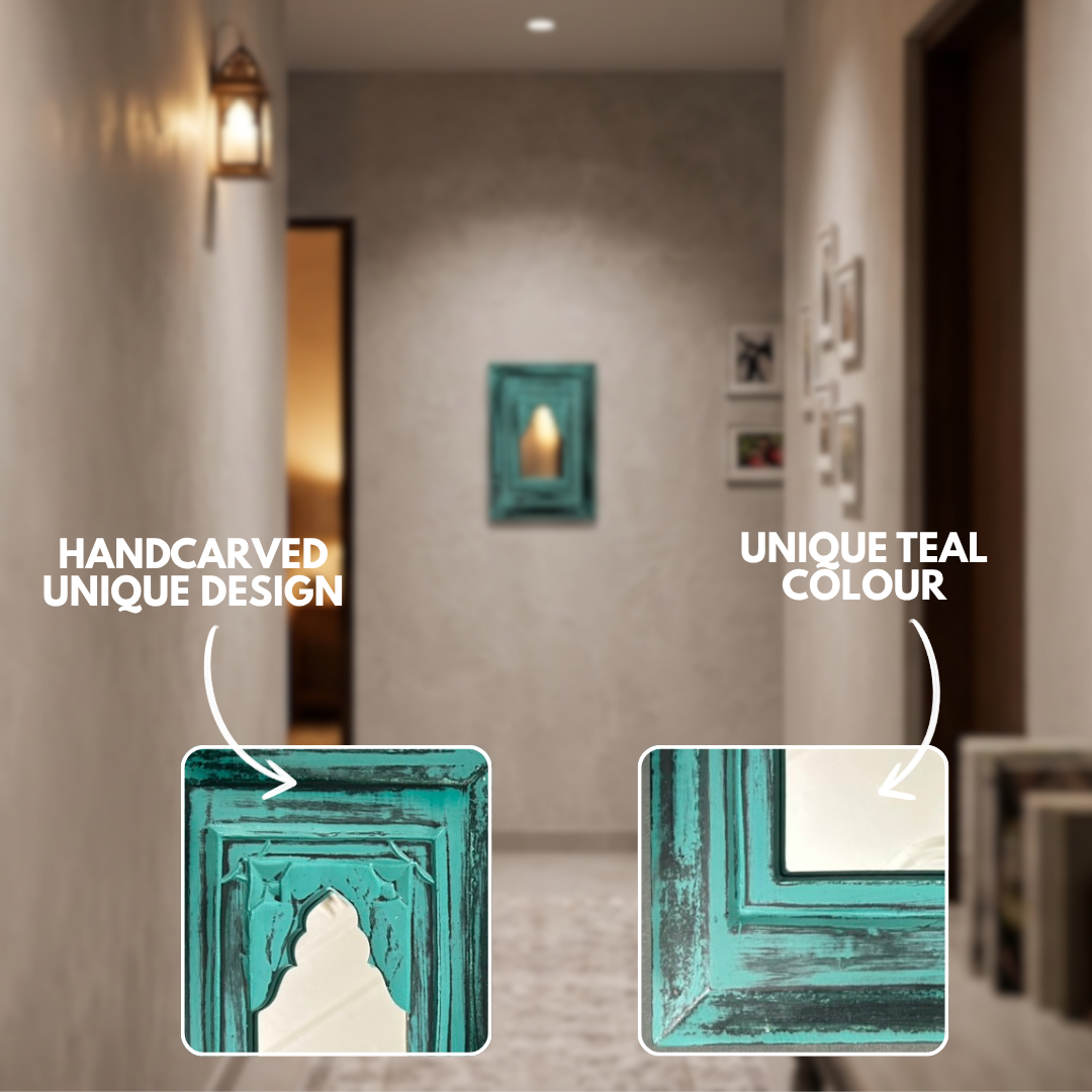 Antique MDF Wooden Jharokha with Mirror - Teal Mirror