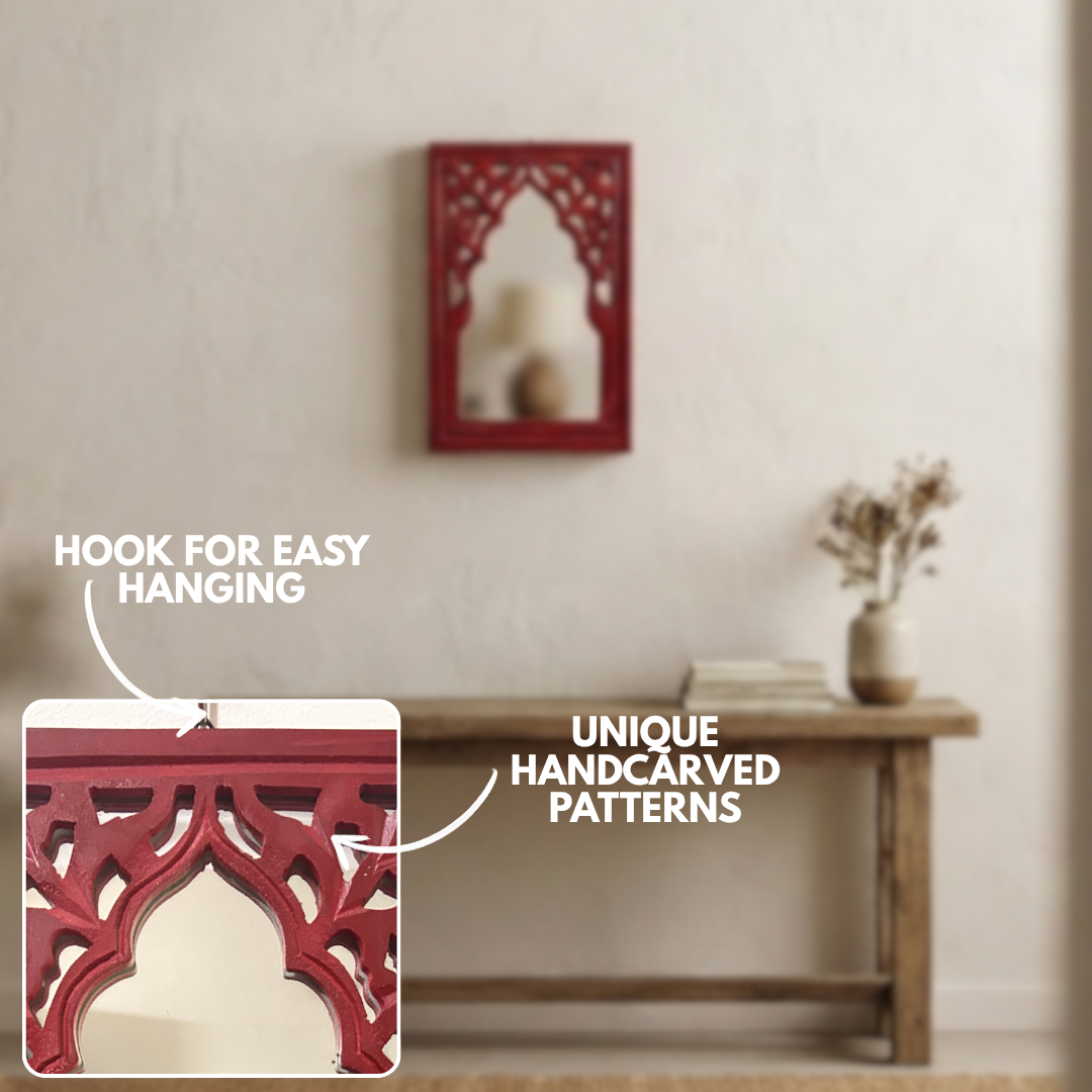 Red MDF Wooden Jharokha with Mirror - Red Rajasthani