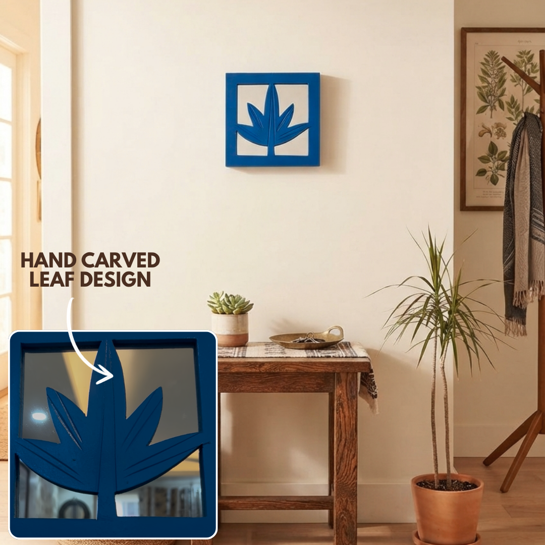 Blue MDF Wooden Jharokha with Mirror - Blue Leaf
