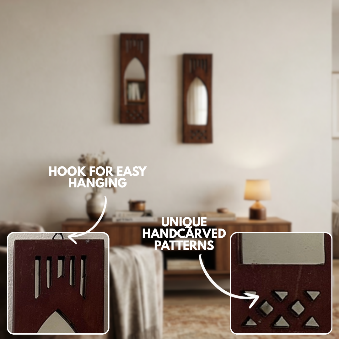 Brown MDF Wooden Jharokha with Mirror - Brown Modern Set of 2