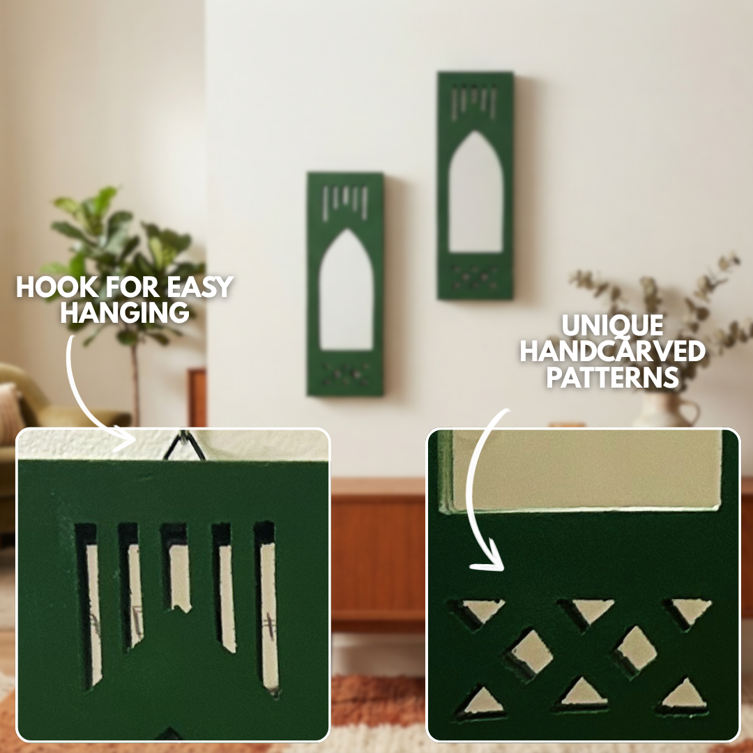 Green MDF Wooden Jharokha with Mirror - Green Modern Set of 2
