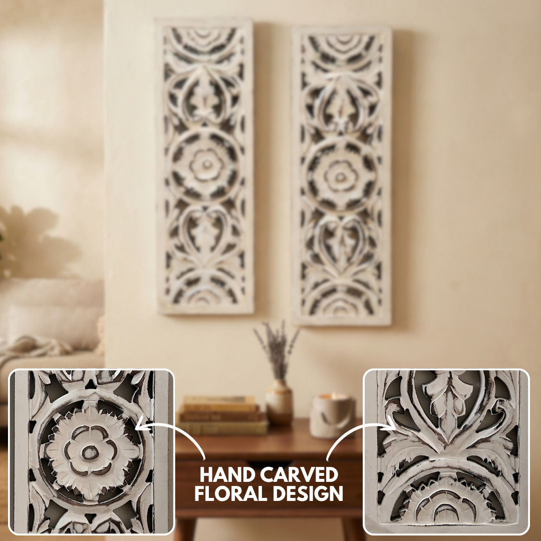 White MDF Wooden Jharokha - White Bloom Panel (Set of 2)