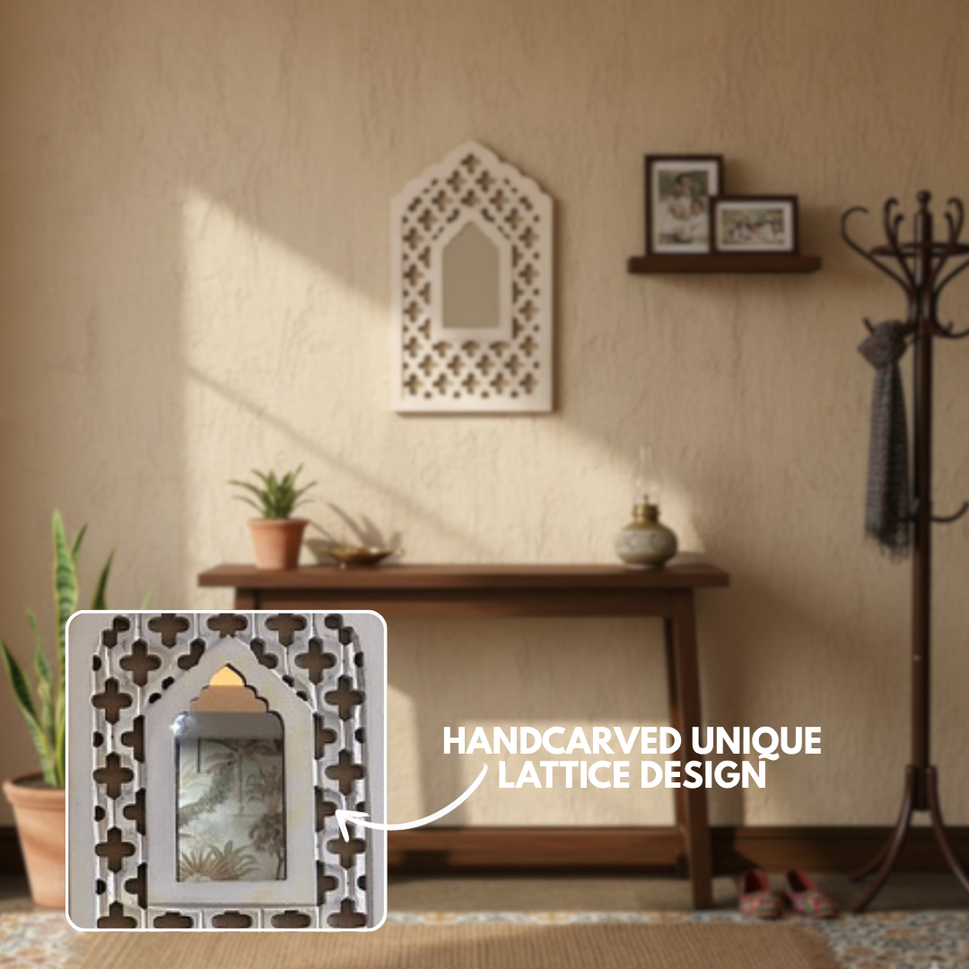 White MDF Wooden Jharokha with Mirror - White Mughal