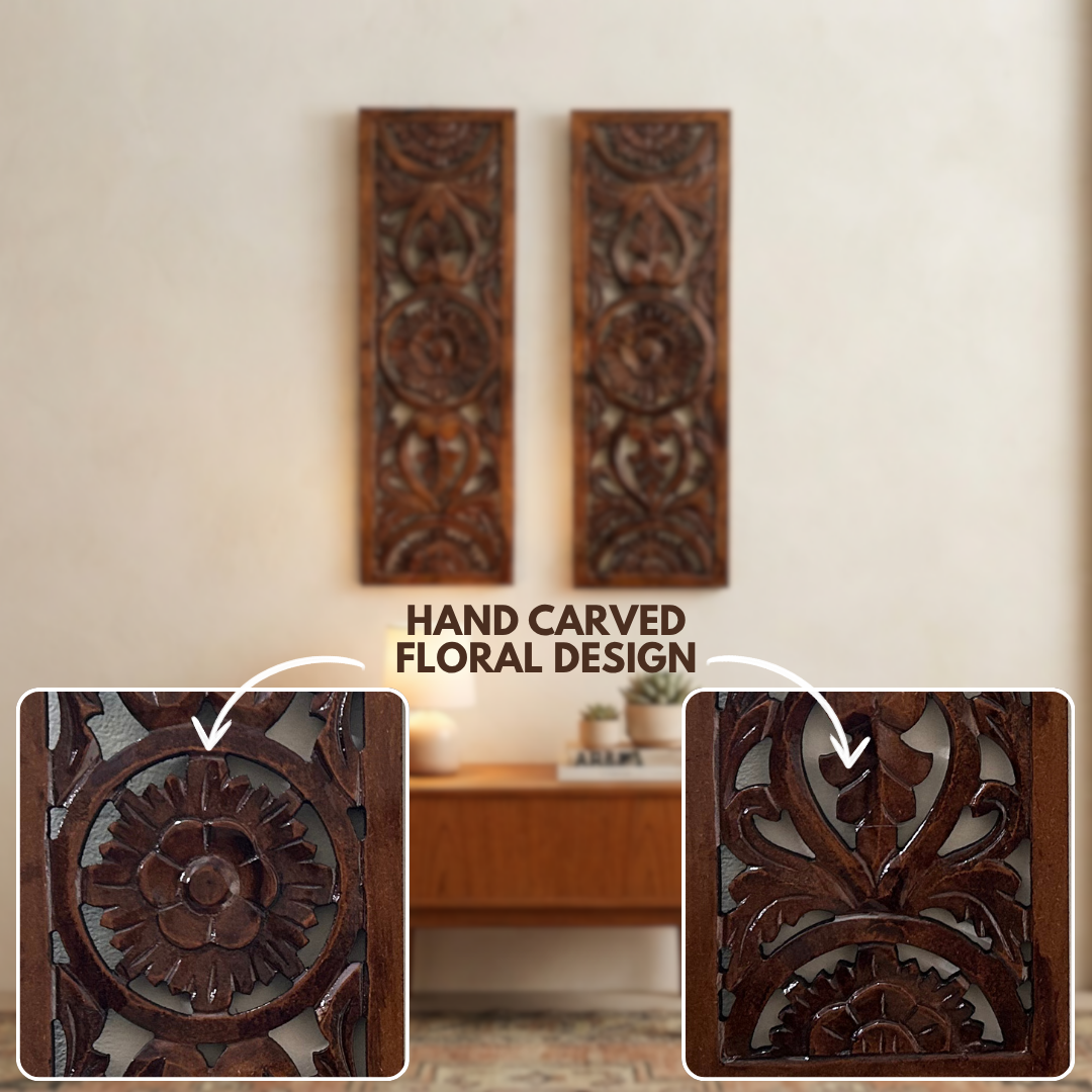 Brown MDF Wooden Jharokha - Brown Bloom Panel (Set of 2)