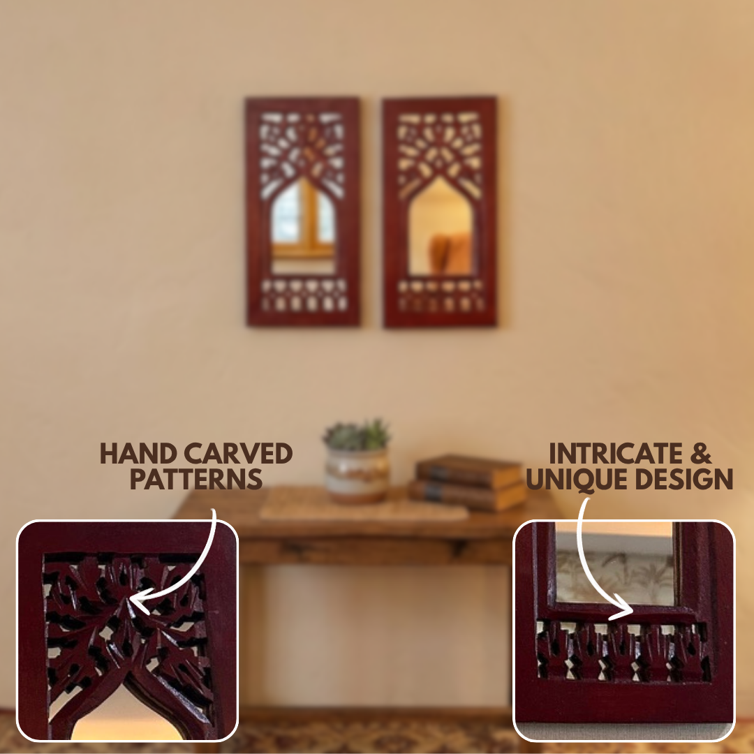 Brown MDF Wooden Jharokha with Mirror - Brown Floral Set of 2