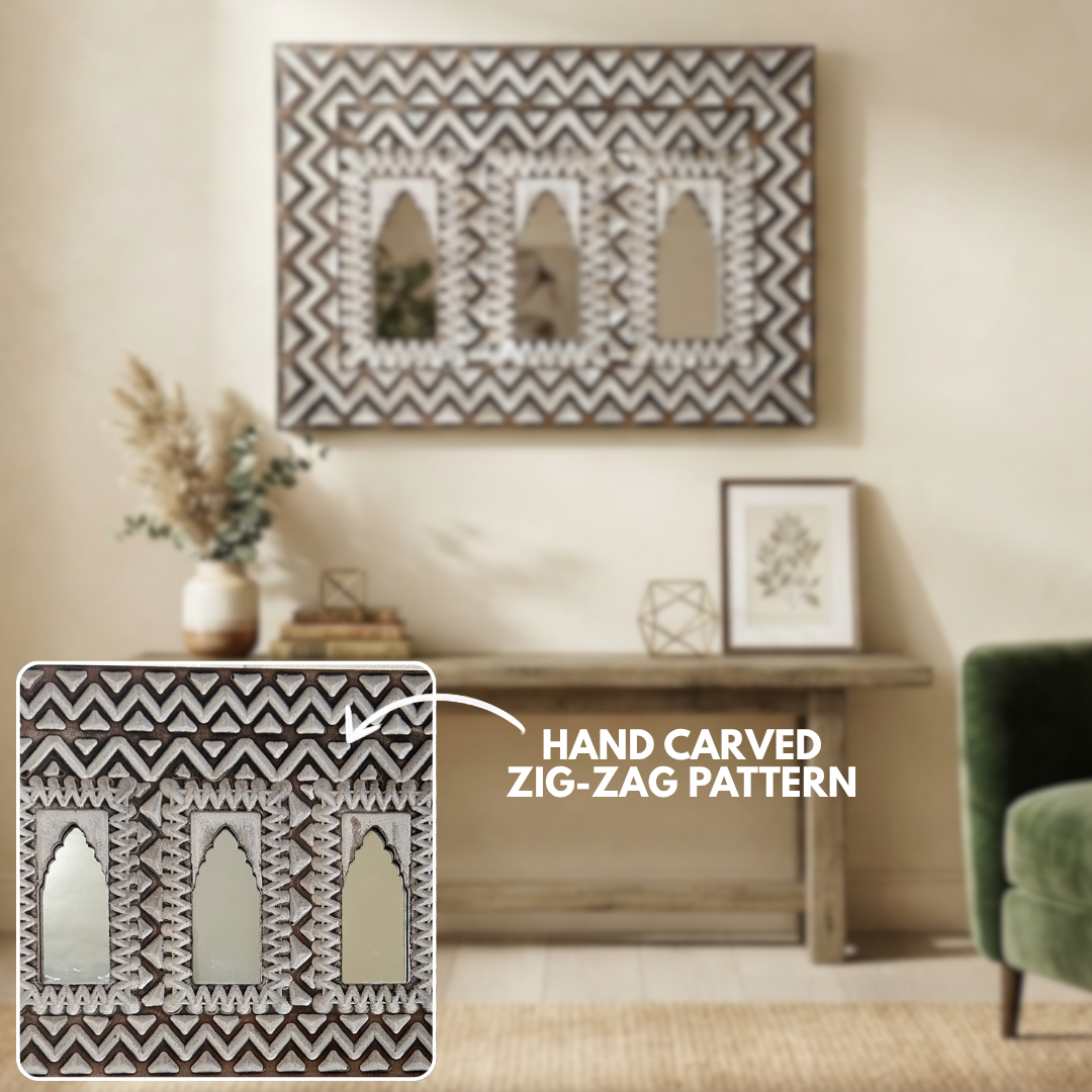 White MDF Wooden Jharokha with Mirror - White Zeenat Mirror