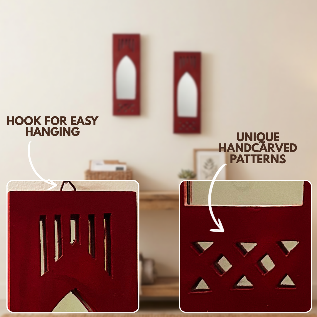 Red MDF Wooden Jharokha with Mirror - Red Modern Set of 2