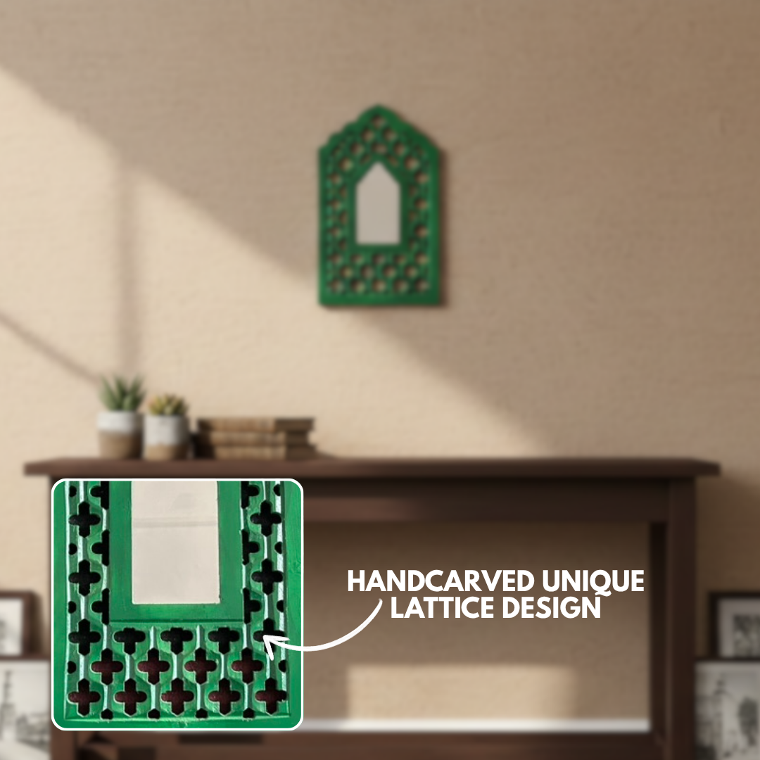 Green MDF Wooden Jharokha with Mirror - Green Mughal