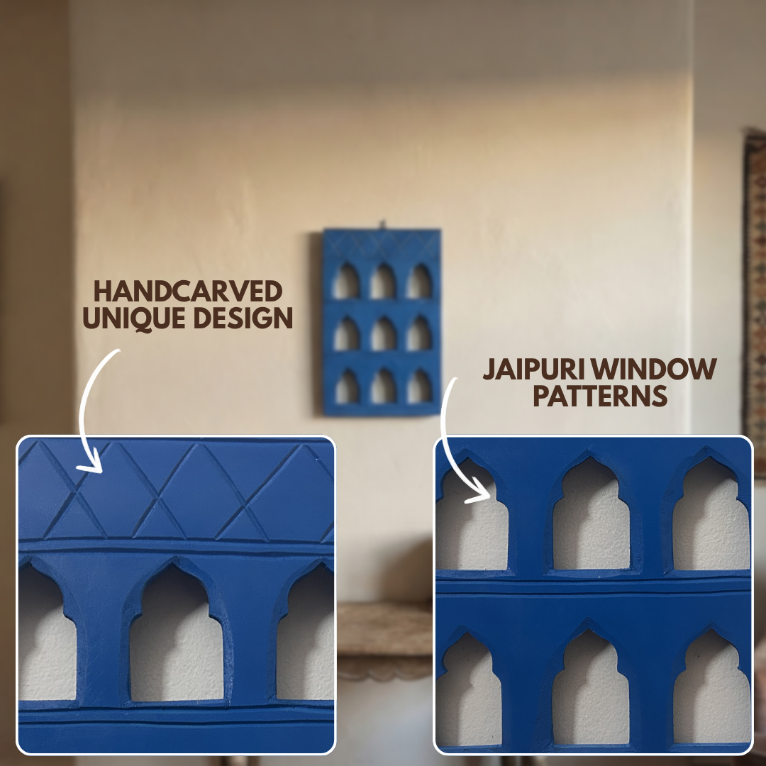 Blue MDF Wooden Jharokha - Blue Nine-Window