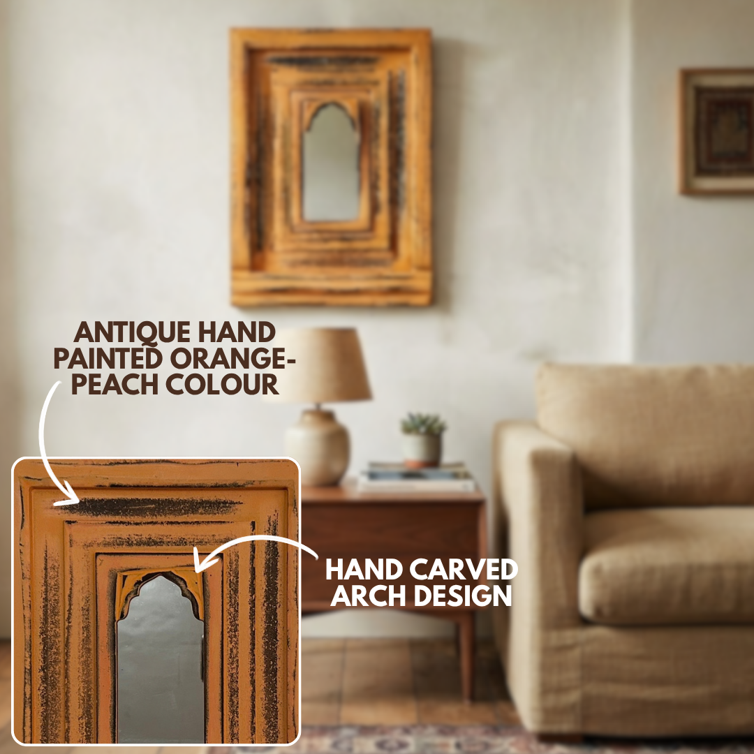 Antique Orange MDF Wooden Jharokha with Mirror - Noor Dwaar