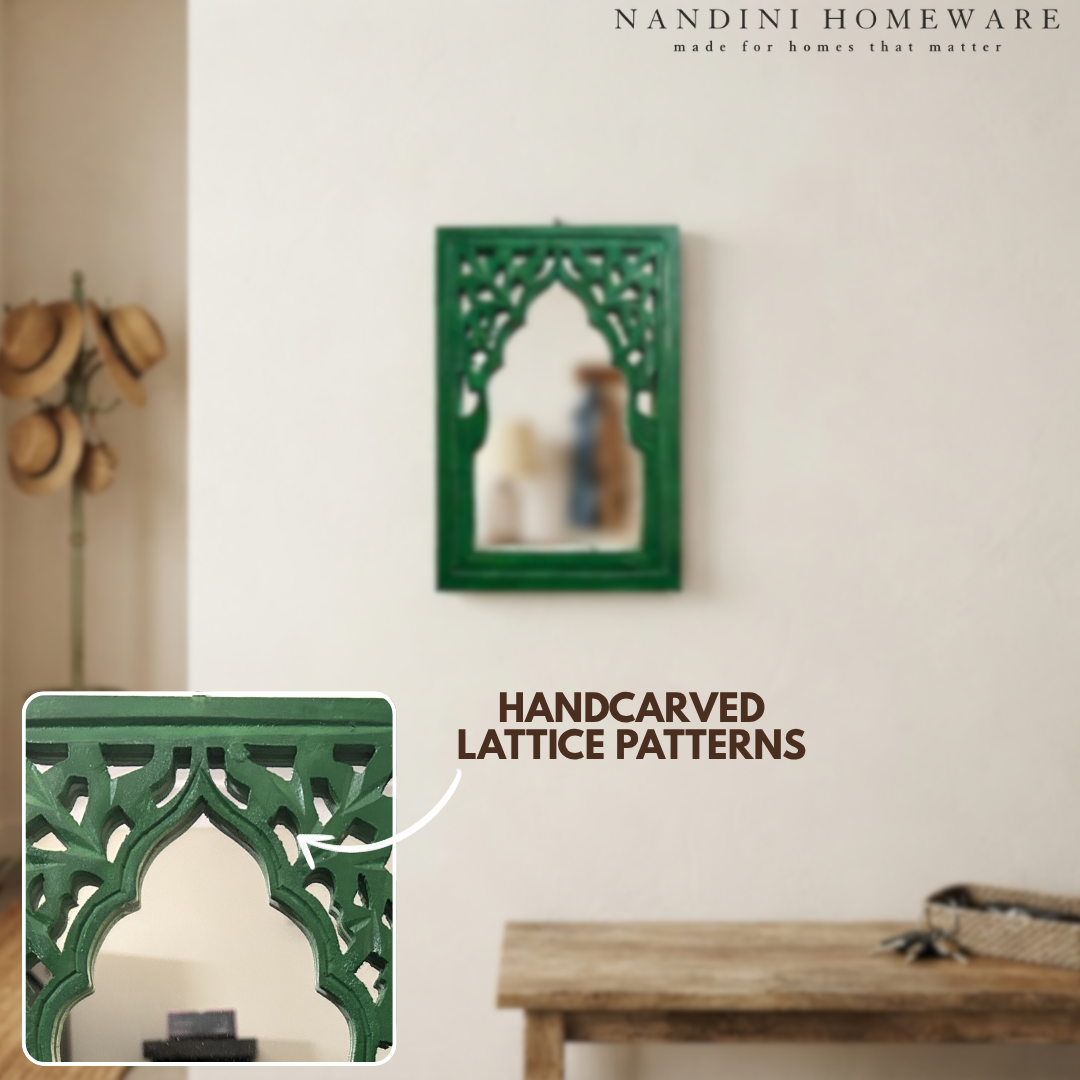 Green MDF Wooden Jharokha with Mirror - Green Rajasthani