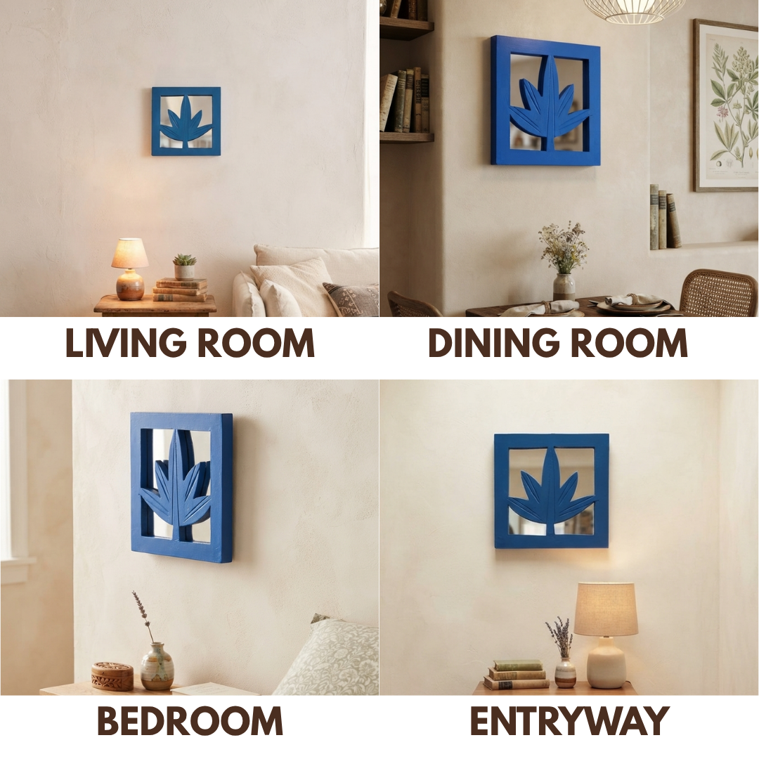 Blue MDF Wooden Jharokha with Mirror - Blue Leaf
