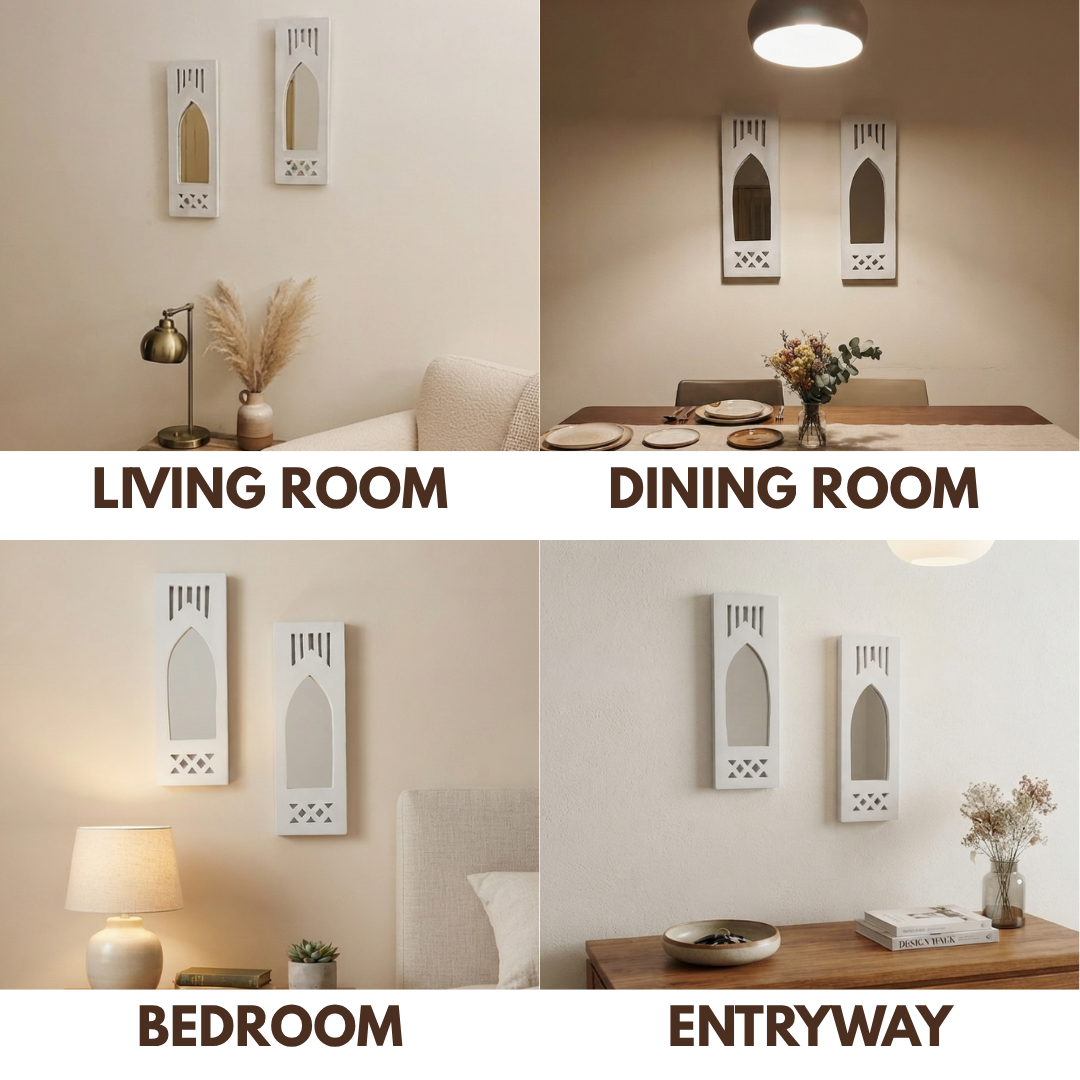 White MDF Wooden Jharokha with Mirror - White Modern Set of 2