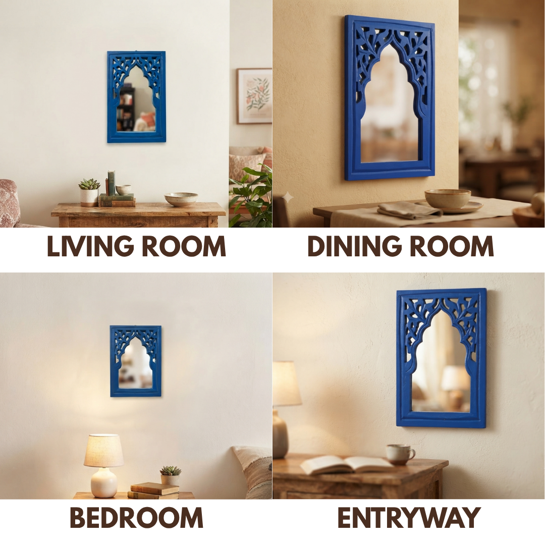 Blue MDF Wooden Jharokha with Mirror - Blue Rajasthani