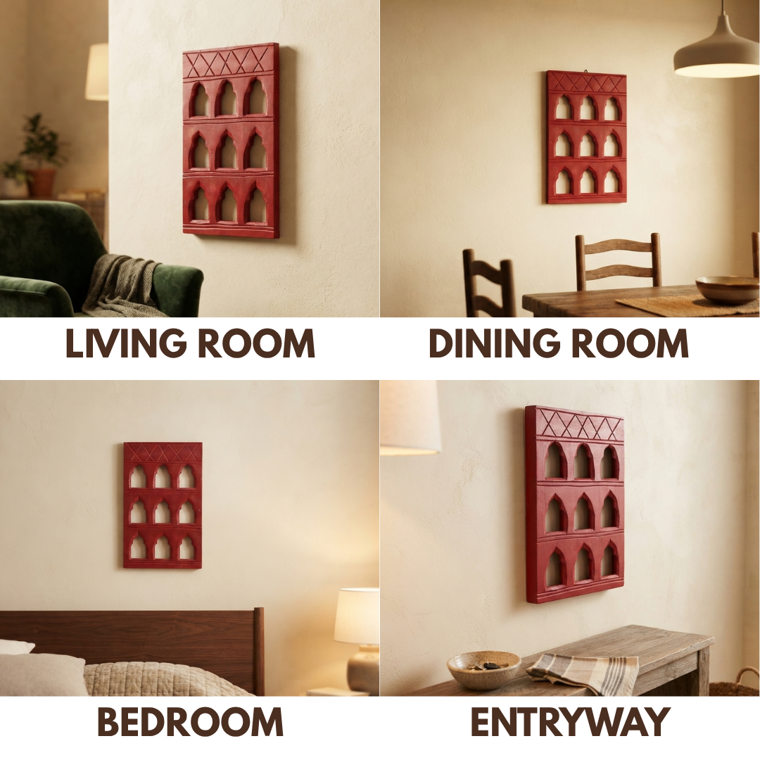 Red MDF Wooden Jharokha - Red Nine-Window