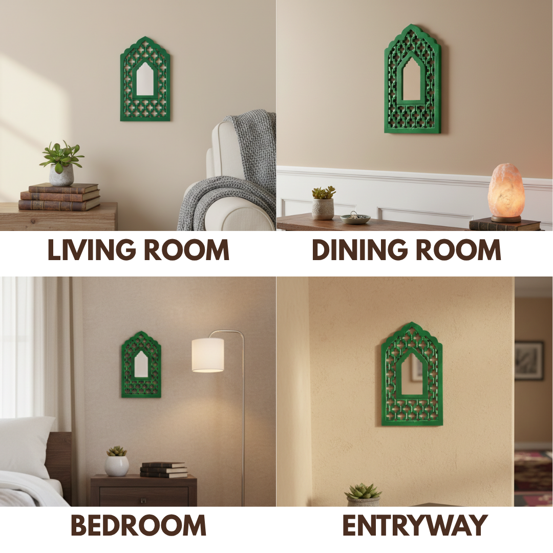 Green MDF Wooden Jharokha with Mirror - Green Mughal