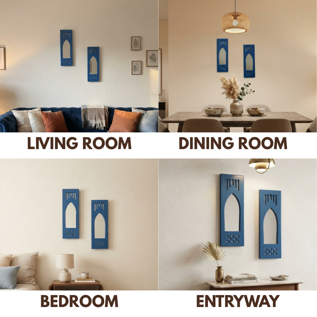 Blue MDF Wooden Jharokha with Mirror - Blue Modern Set of 2