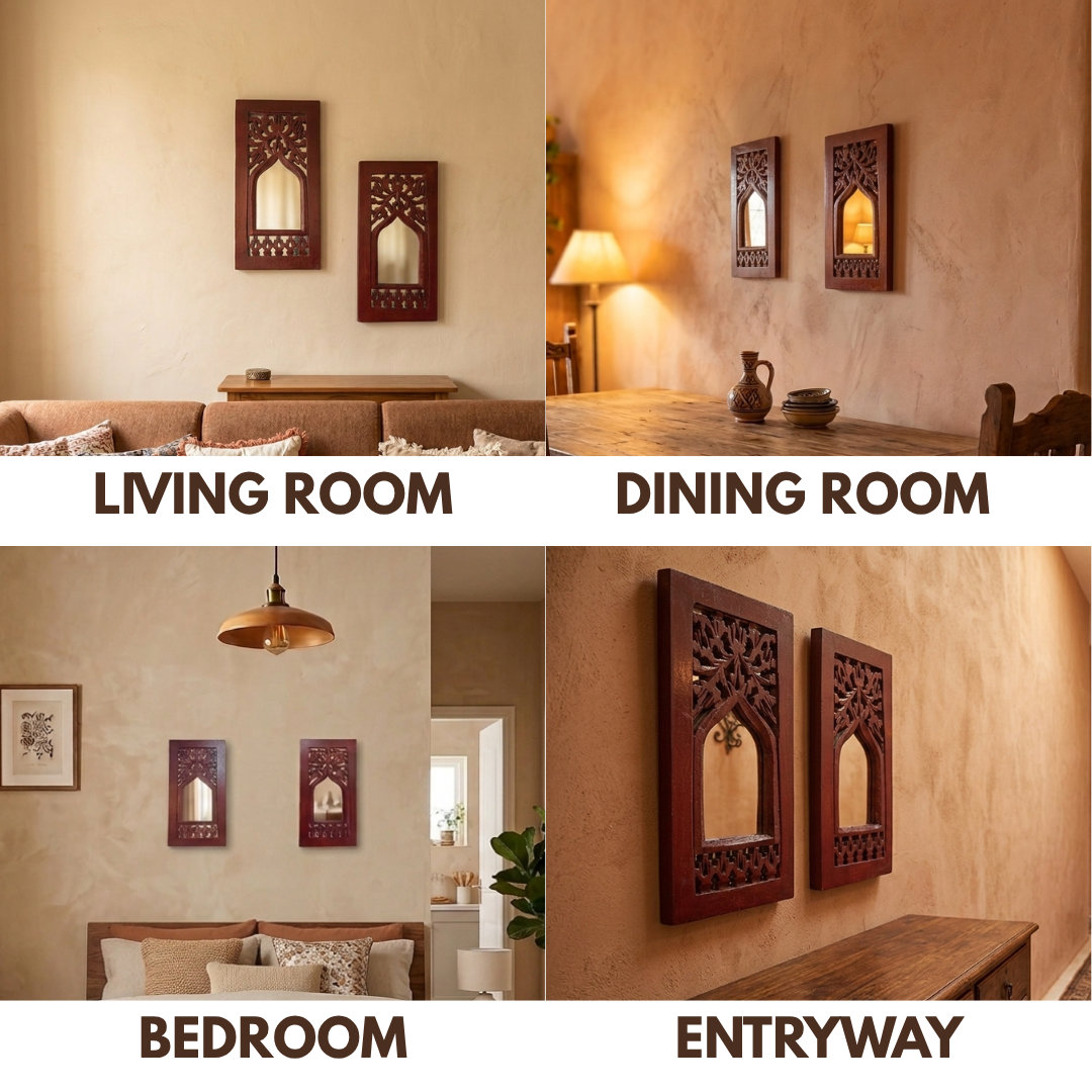 Brown MDF Wooden Jharokha with Mirror - Brown Floral Set of 2