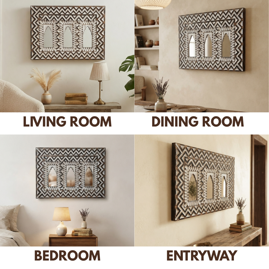 White MDF Wooden Jharokha with Mirror - White Zeenat Mirror