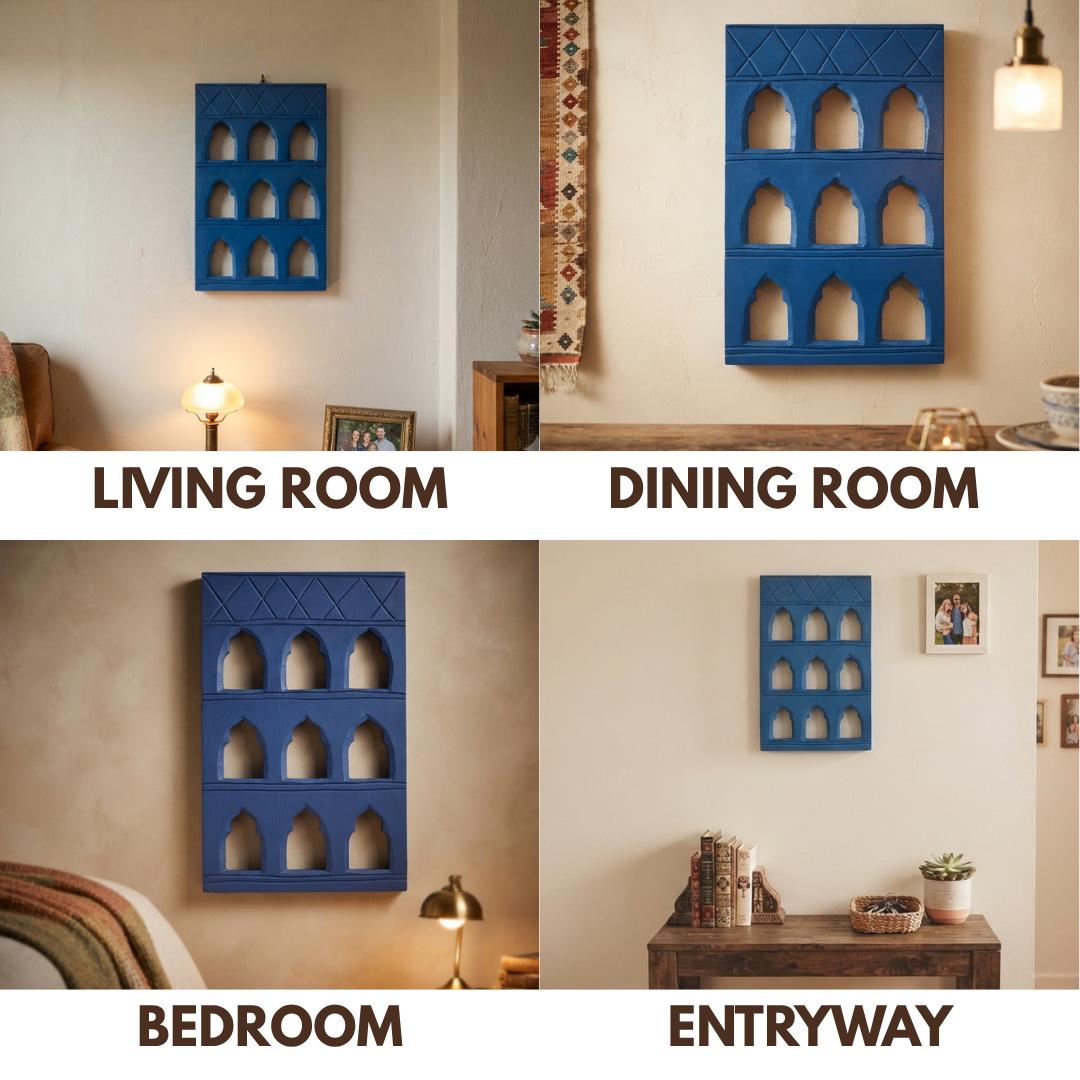 Blue MDF Wooden Jharokha - Blue Nine-Window