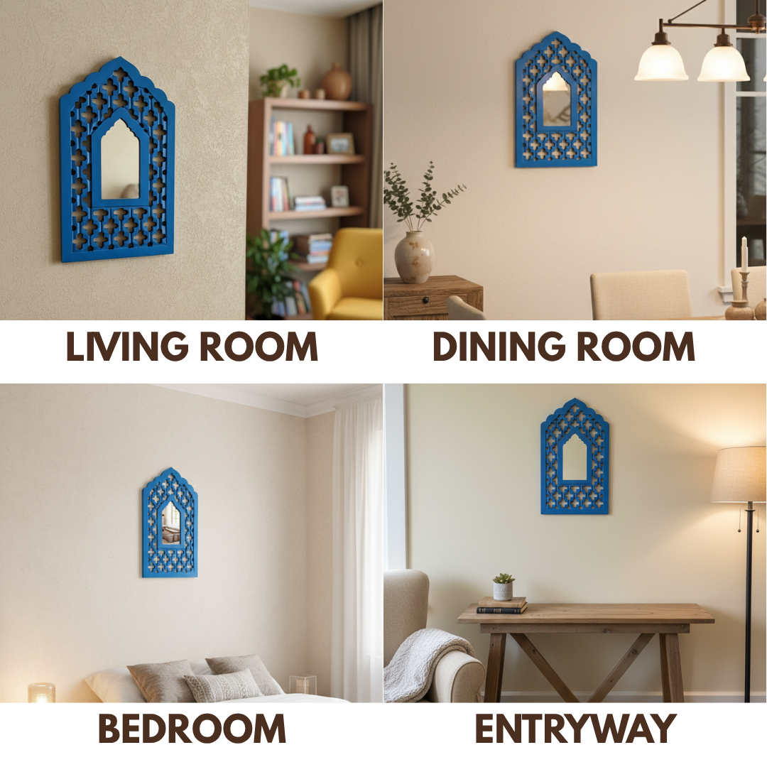 Blue MDF Wooden Jharokha with Mirror - Blue Mughal