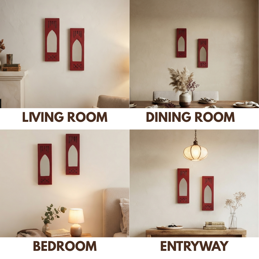 Red MDF Wooden Jharokha with Mirror - Red Modern Set of 2