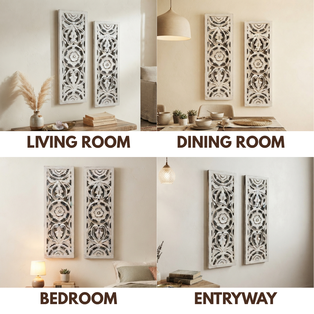 White MDF Wooden Jharokha - White Bloom Panel (Set of 2)