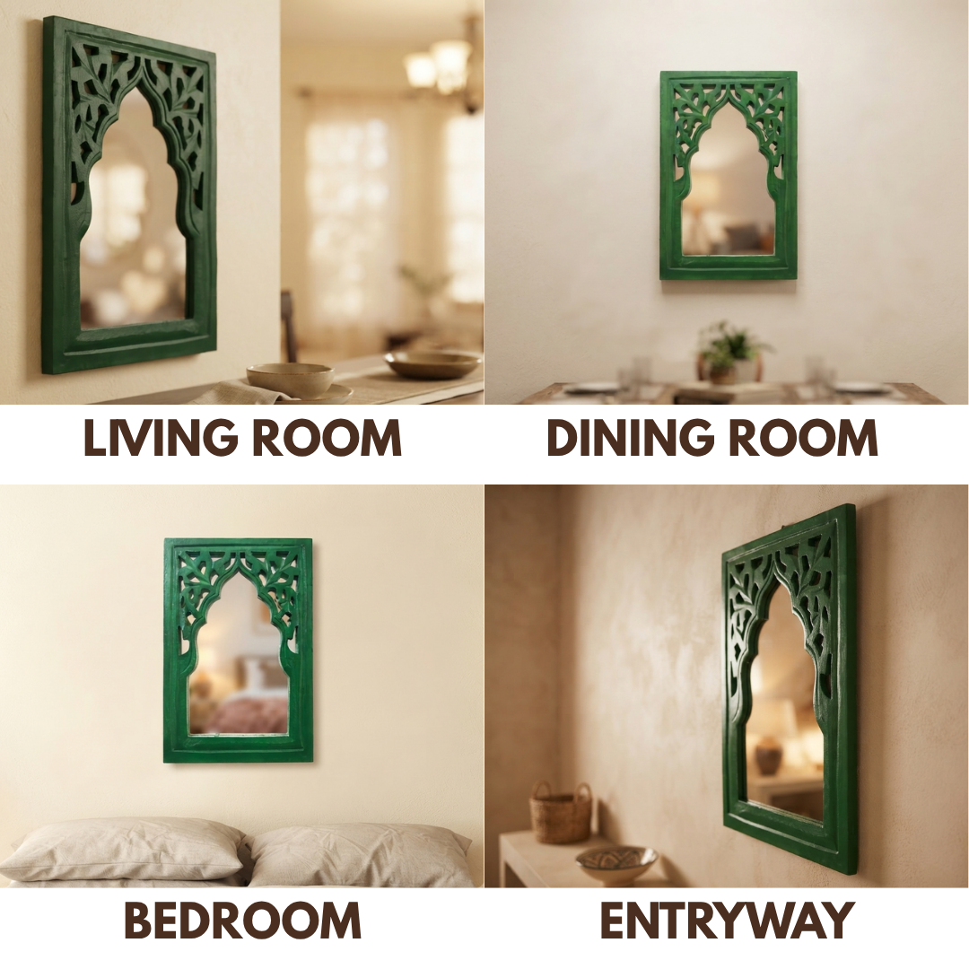 Green MDF Wooden Jharokha with Mirror - Green Rajasthani
