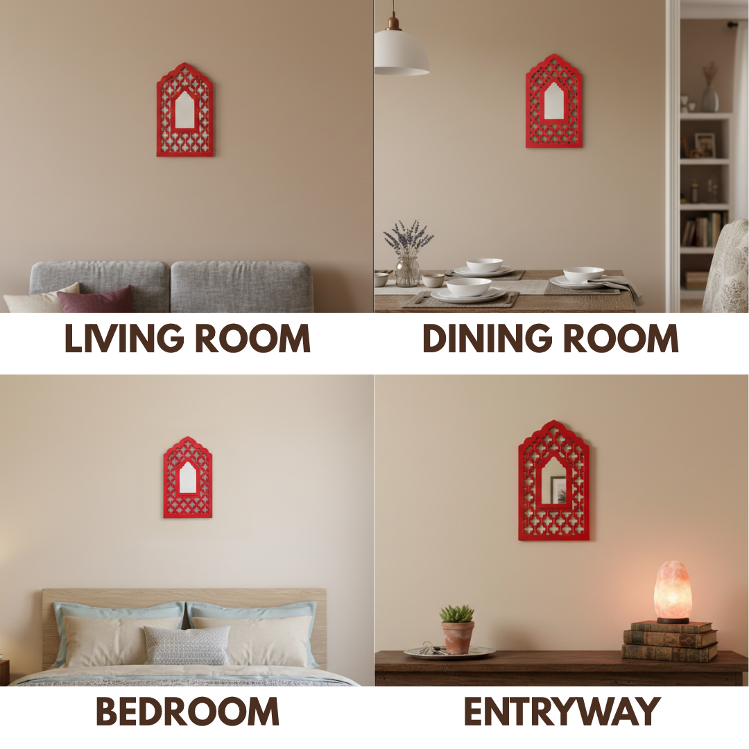 Red MDF Wooden Jharokha with Mirror - Red Mughal