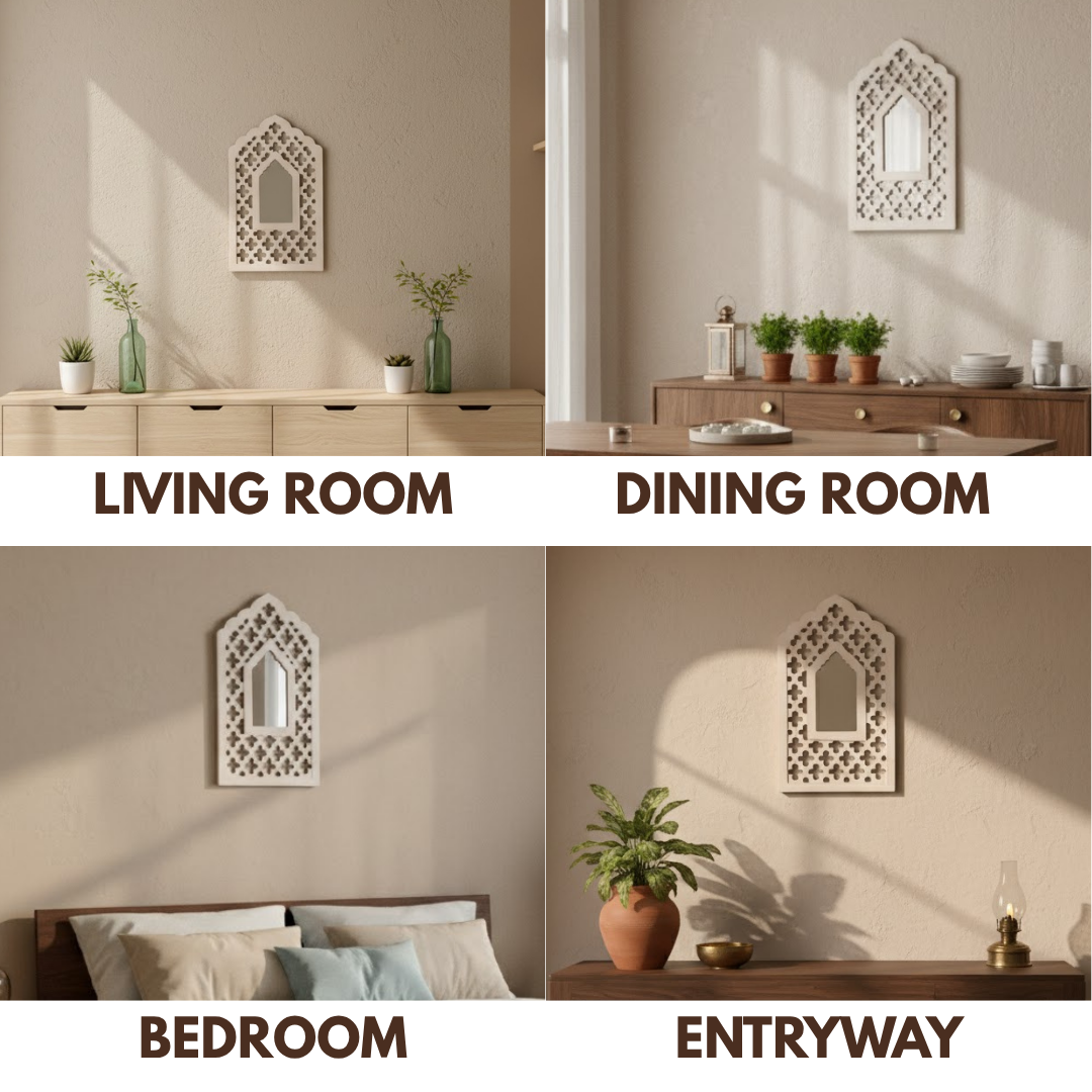 White MDF Wooden Jharokha with Mirror - White Mughal