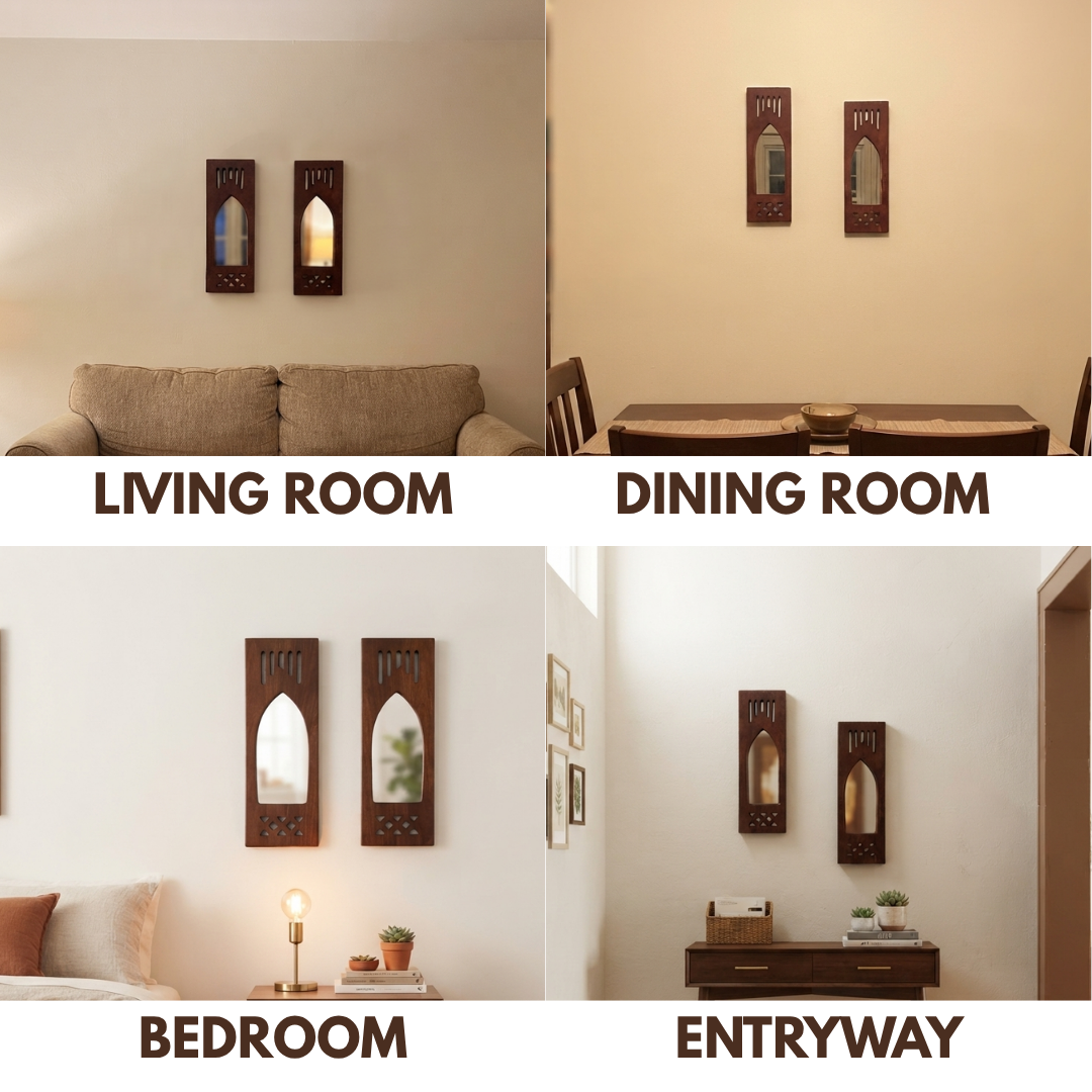 Brown MDF Wooden Jharokha with Mirror - Brown Modern Set of 2