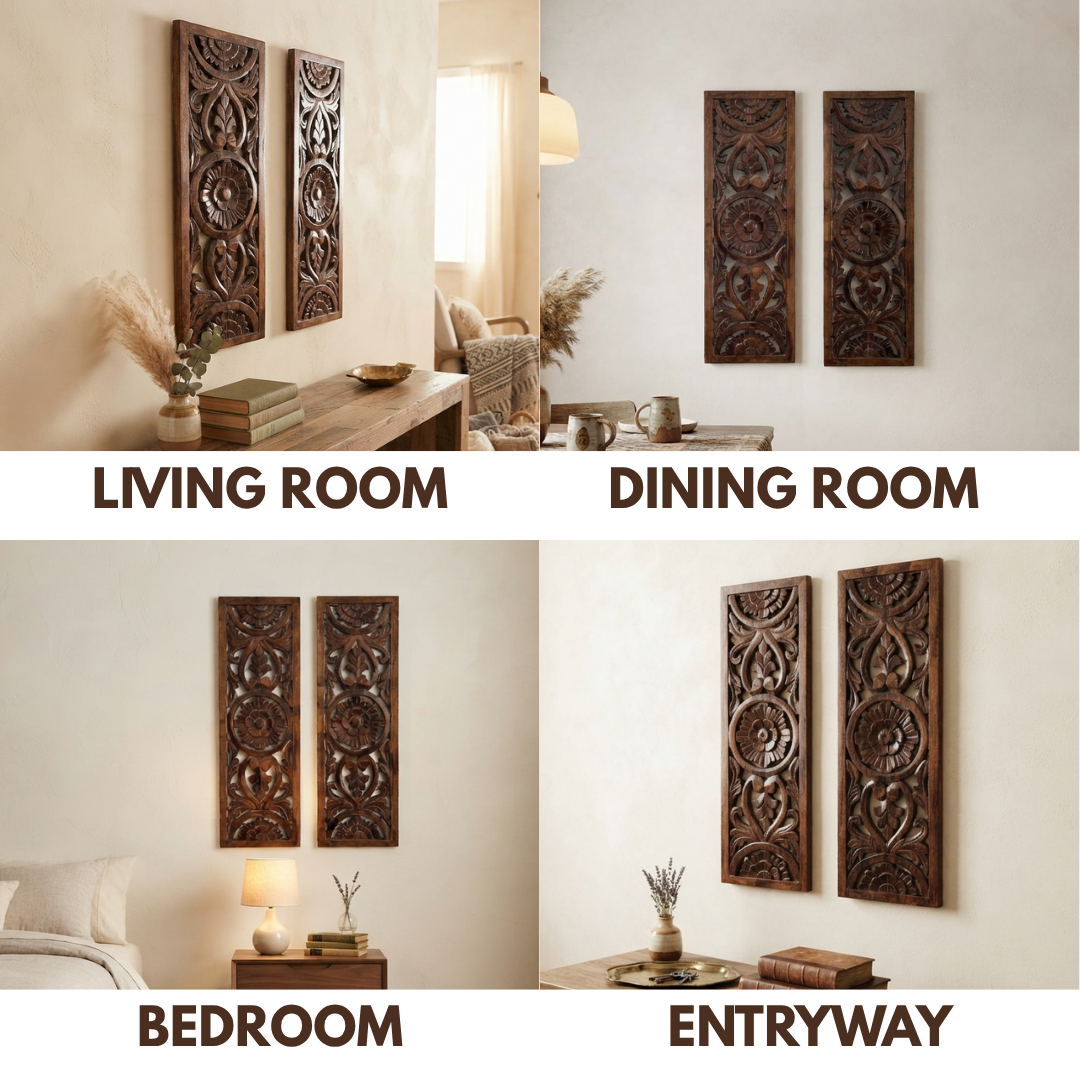Brown MDF Wooden Jharokha - Brown Bloom Panel (Set of 2)