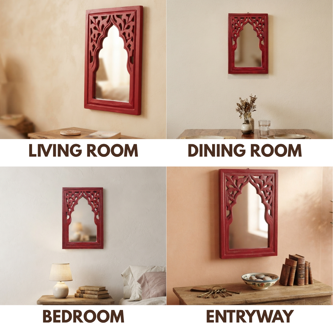 Red MDF Wooden Jharokha with Mirror - Red Rajasthani
